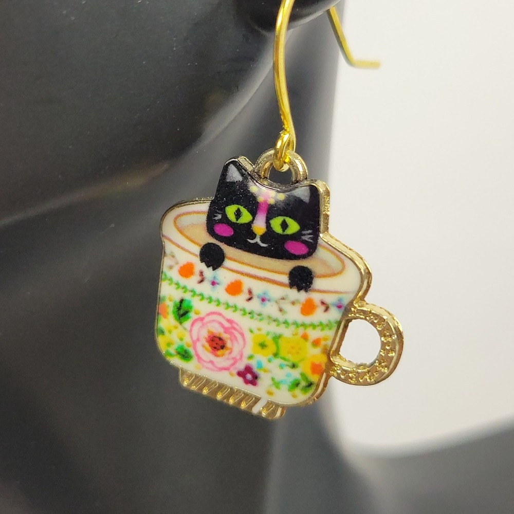 Kitty in Floral Teacups Earrings Dangle Hook Hypoallergic Gold Plated Black - Picture 2 of 11
